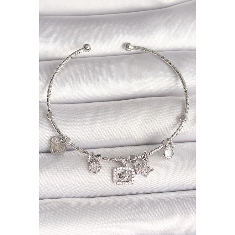 Pirinç Gümüş Renk Sallantı Zirkon Taşlı Ayıcık Figür Taç Detay Charm Kadın Bileklik