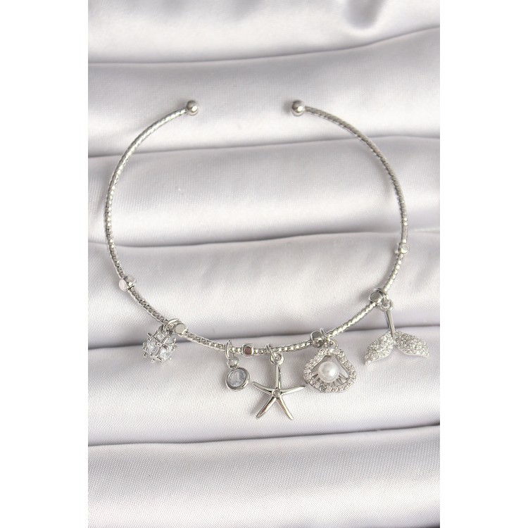 Pirinç Gümüş Renk Sallantı Zirkon Taşlı Deniz Yıldız Figür Balık Kuyruğu Detay Charm Kadın Bileklik
