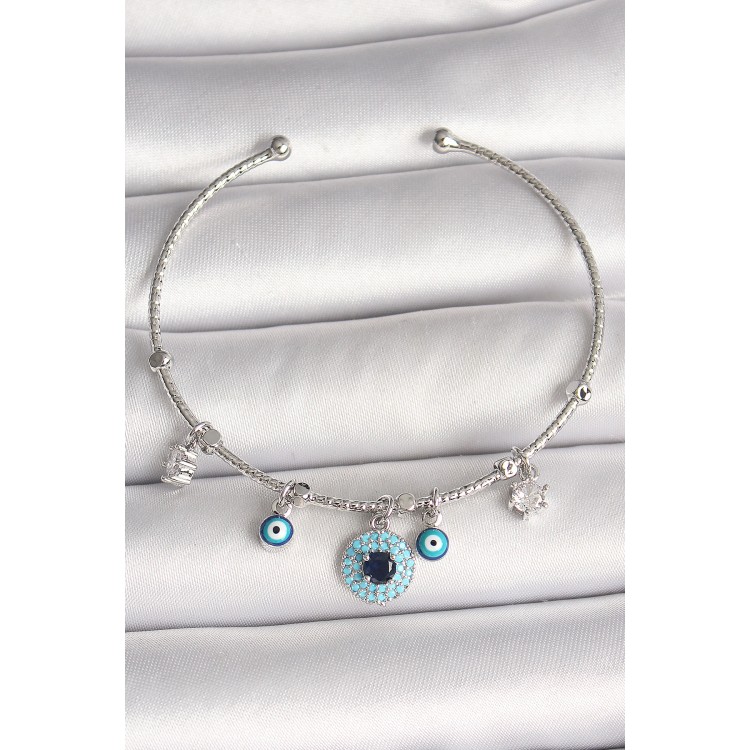 Pirinç Gümüş Renk Sallantı Zirkon Taşlı Nazar Boncuk Figür Charm Kadın Bileklik