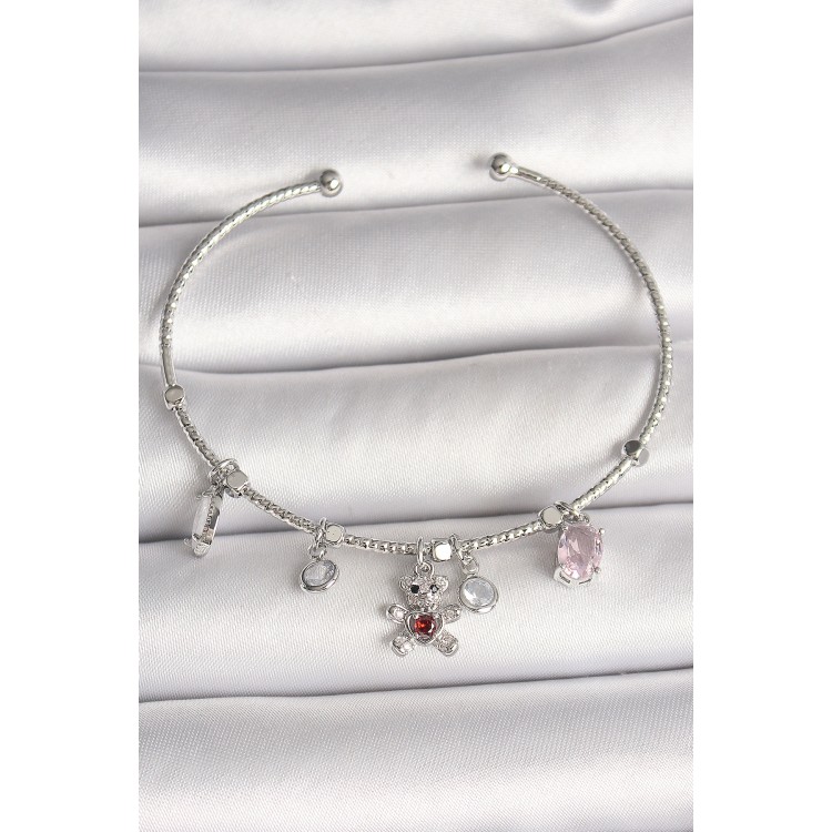 Pirinç Gümüş Renk Sallantı Zirkon Taşlı Ayıcık Figür Kırmızı Taş Detay Charm Kadın Bileklik