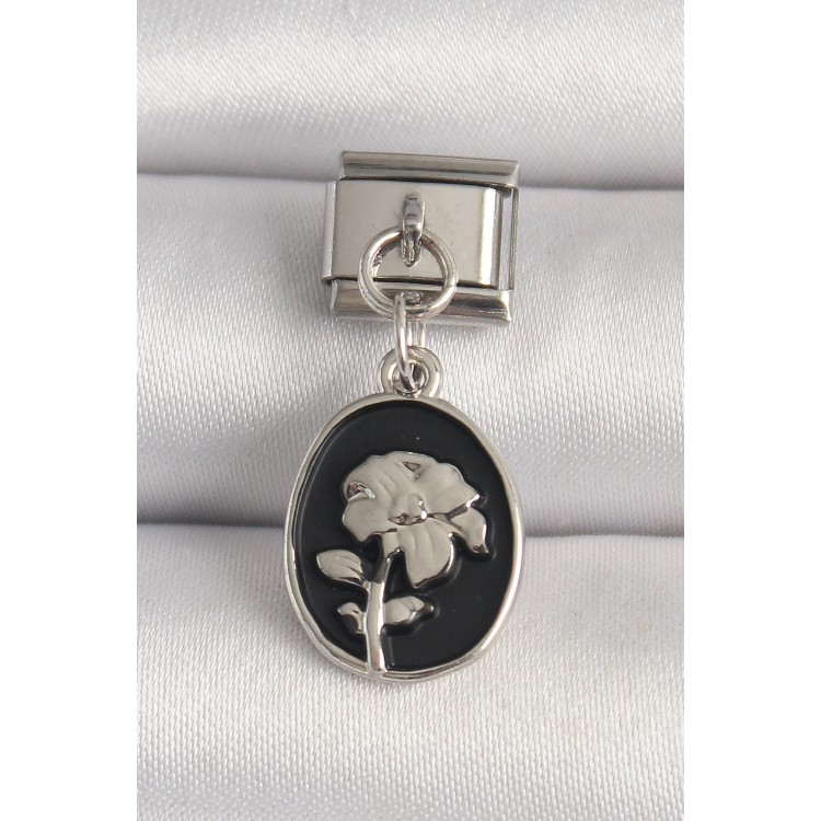 316L Çelik Gümüş Renk Gümüş Çiçek İşlemeli Siyah Portre Model Nomination Charm