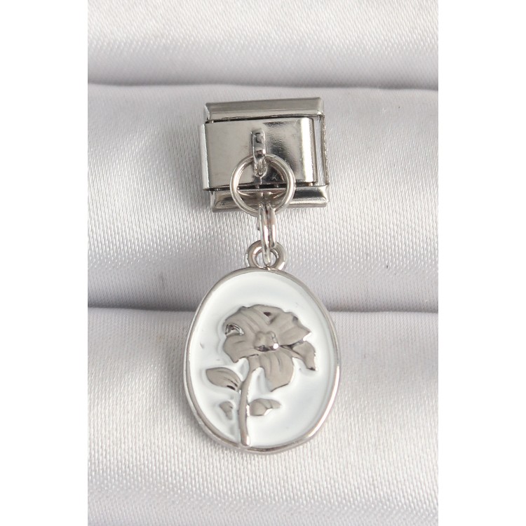 316L Çelik Gümüş Renk Çiçek İşlemeli Beyaz Portre Model Nomination Charm