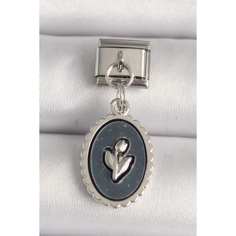 316L Çelik Gümüş Renk Çiçek İşlemeli Siyah Portre Model Nomination Charm