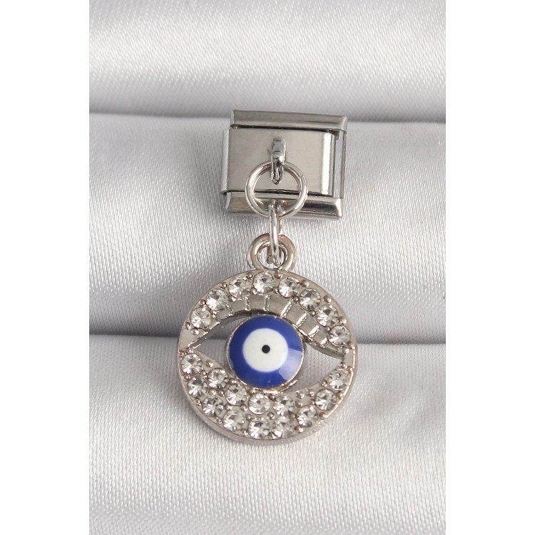 316L Çelik Gümüş Renk Zirkon Taşlı Göz Model Nazar Boncuk Detay Nomination Charm