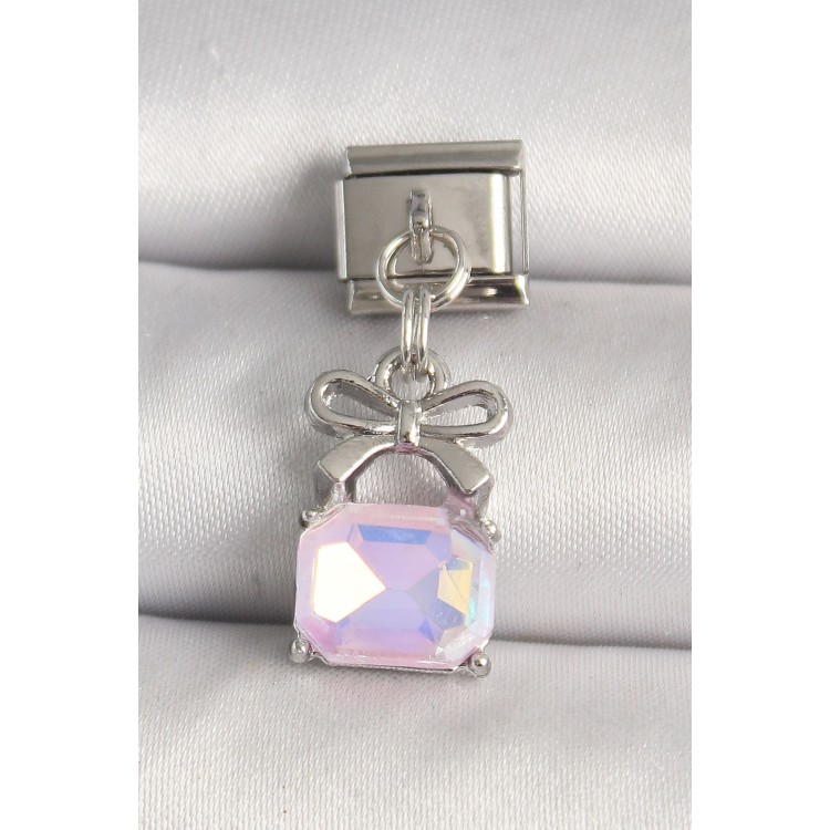 316L Çelik Gümüş Renk Pembe Zirkon Taşlı Çanta Model Nomination Charm