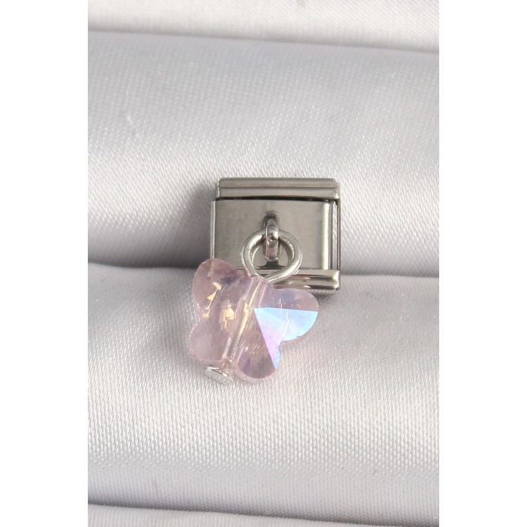 316L Çelik Gümüş Renk Pembe Zirkon Taşlı Kelebek Model Nomination Charm