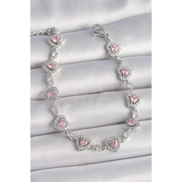 Pirinç Gümüş Renk Zirkon Taşlı Pembe Kalp Model VIP Seri Kadın Bileklik