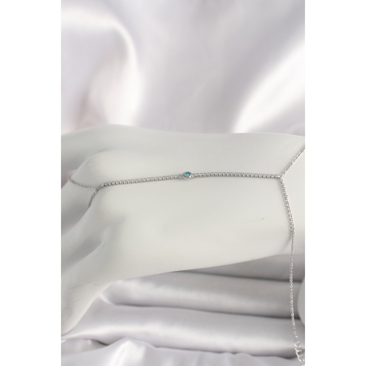 Pirinç Gümüş Renk Su Yolu Zirkon Taşlı Mavi Taş Detaylı Kadın Şahmeran