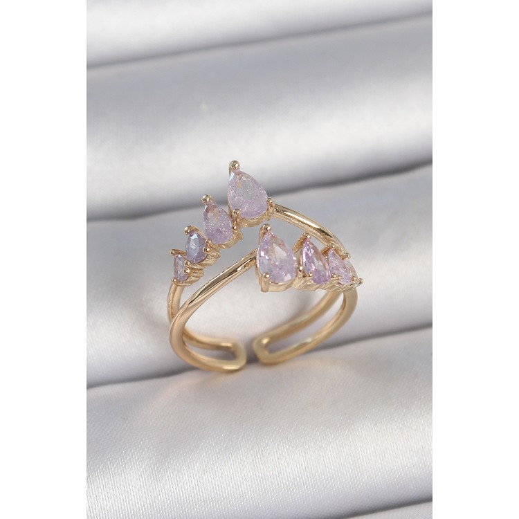 Pirinç Gold Renk Mor Damla Zirkon Taşlı Taç Model Kadın Yüzük