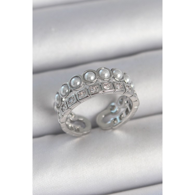 Pirinç Gümüş Renk 2'Li Sıra Zirkon Taşlı Ve İncili Ayarlanabilir Kadın Yüzük