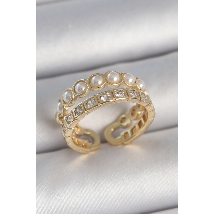 Pirinç Gold Renk 2'Li Zirkon Taşlı Ve İncili Ayarlanabilir Kadın Yüzük