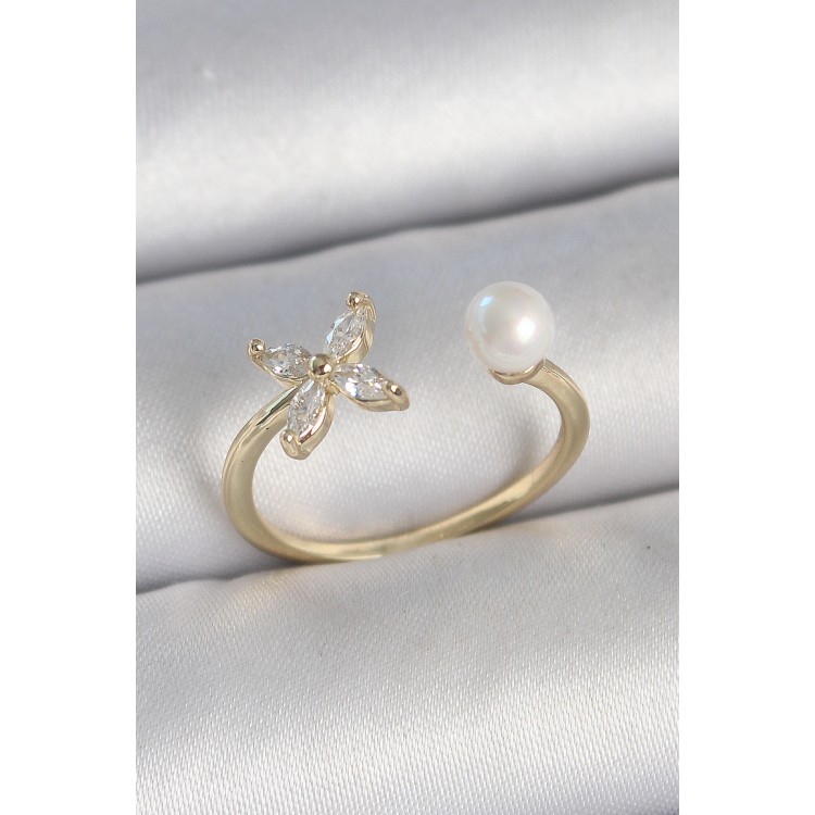 Pirinç Gold Renk Zirkon Taşlı Çiçek Model İnci Detay Ayarlanabilir Kadın Yüzük