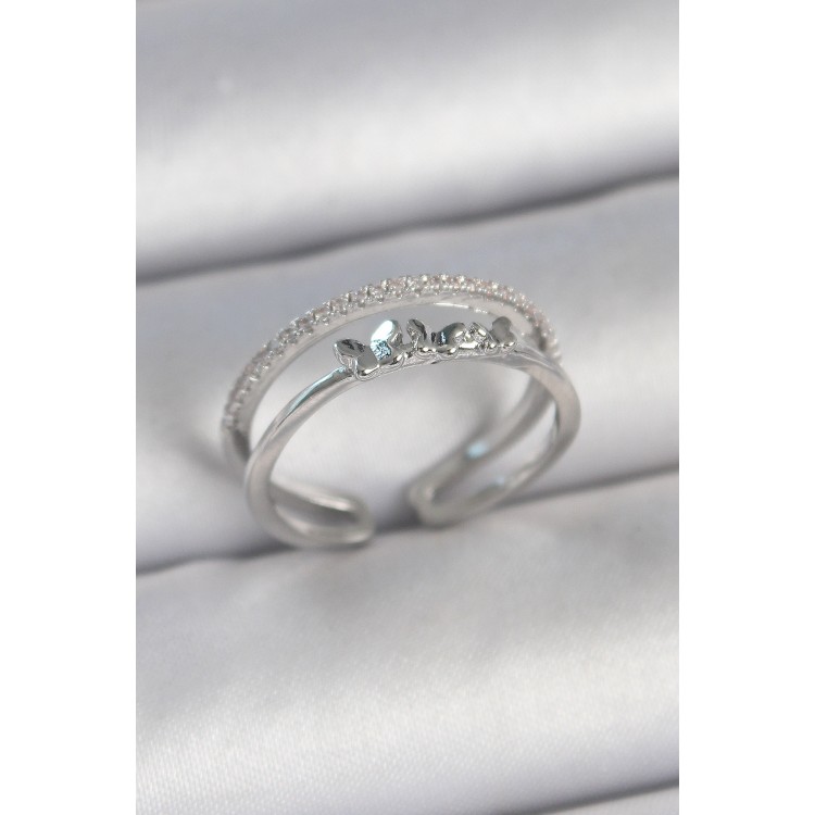 Pirinç Gümüş Renk 2'Li Zirkon Taş Detaylı Kelebek Figür Ayarlanabilir Model Kadın Yüzük