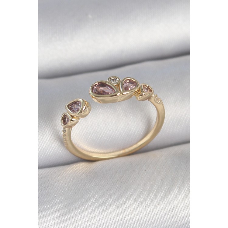Pirinç Gold Renk Pembe Damla Zirkon Taşlı Ayarlanabilir Kadın Yüzük