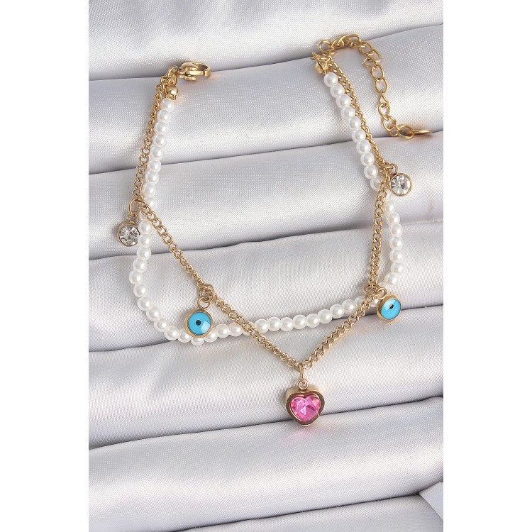 316L Çelik Gold Renk 2'Li İncili Zincir Sallantı Pembe Kalp Model Nazar Boncuk Detay Kadın Bileklik