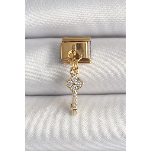 316L Çelik Gold Renk Sallantı Zirkon Taşlı Anahtar Model Nomination Charm