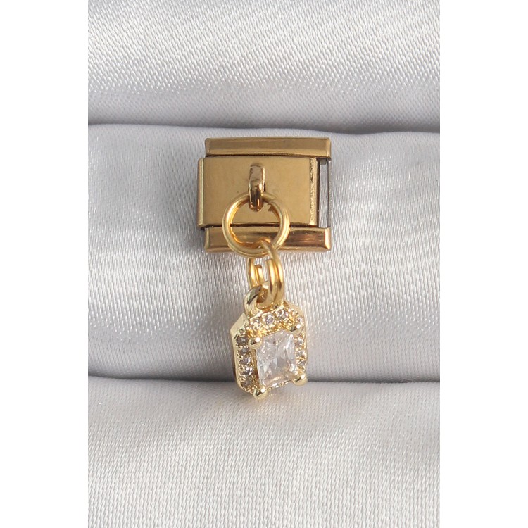 316L Çelik Gold Renk Sallantı Zirkon Taşlı Kare Model Nomination Charm