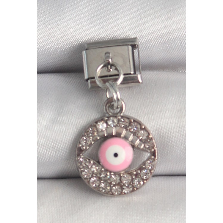 316L Çelik Gümüş Renk Sallantı Zirkon Taşlı Pembe Göz Model Nomination Charm