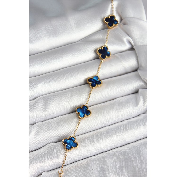 316L Çelik Sedefli Lacivert Gold Renk Yonca Kadın Bileklik