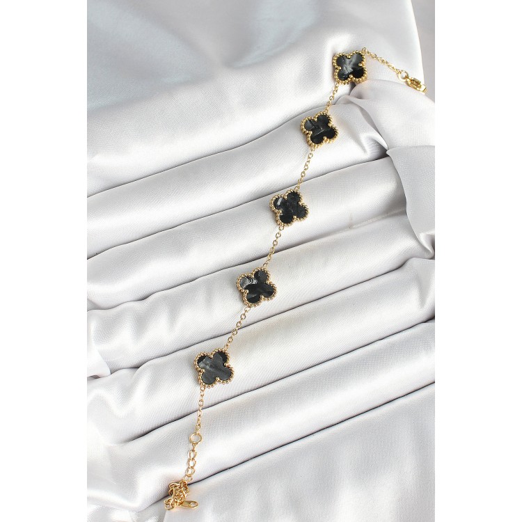 316L Çelik Sedefli Siyah Gold Renk Yonca Kadın Bileklik