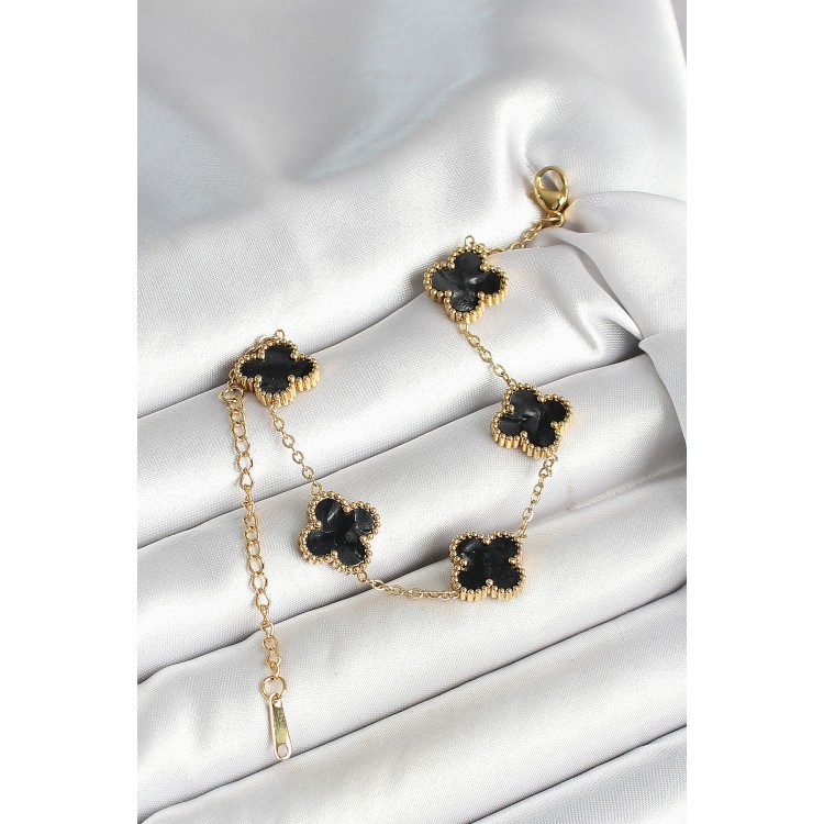 316L Çelik Sedefli Siyah Gold Renk Yonca Kadın Bileklik