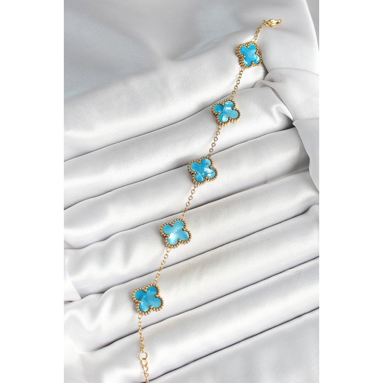 316L Çelik Sedefli Gökyüzü Mavisi Gold Renk Yonca Kadın Bileklik