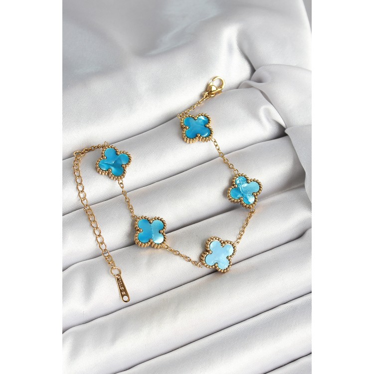 316L Çelik Sedefli Gökyüzü Mavisi Gold Renk Yonca Kadın Bileklik