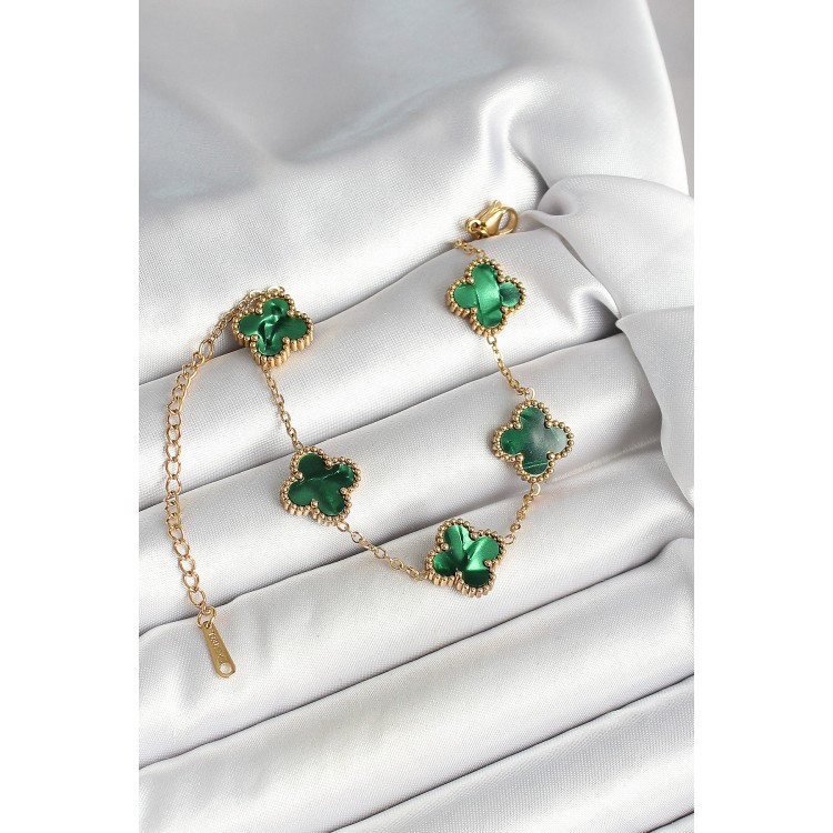 316L Çelik Sedefli Zümrüt Yeşil Gold Renk Yonca Kadın Bileklik