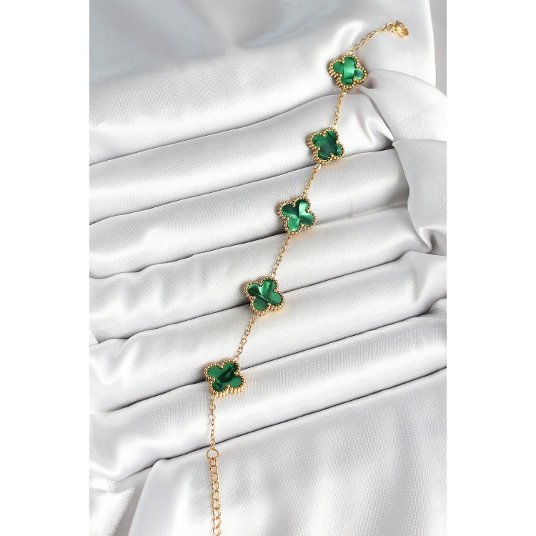 316L Çelik Sedefli Zümrüt Yeşil Gold Renk Yonca Kadın Bileklik