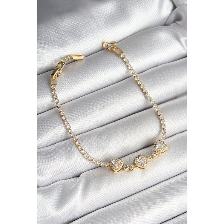 Pirinç Sıralı Kalp Figürlü Zirkon Taşlı Gold Renk Kadın Bileklik