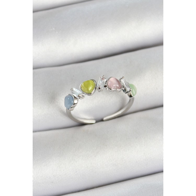 Pirinç Sıralı Kalp Figürlü Zirkon Taşlı Gümüş Renk Ayarlanabilir Kadın Yüzük