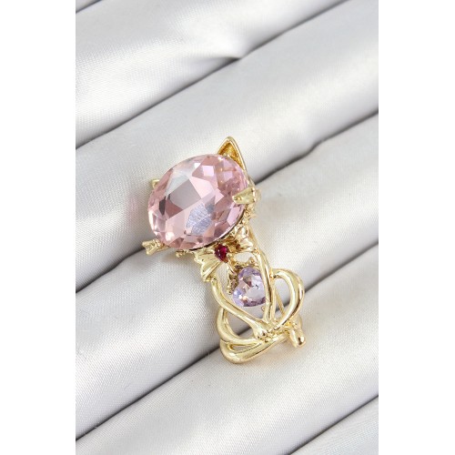 Pembe Zirkon Taşlı Kap Detaylı Kedi Figürlü Gold Renk Kadın Broş