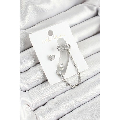 Pirinç Üçgen Figürlü Zirkon Taşlı Gümüş Renk 3'lü Kıkırdak Kadın Küpe Set