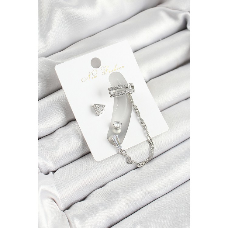 Pirinç Üçgen Figürlü Zirkon Taşlı Gümüş Renk 3'lü Kıkırdak Kadın Küpe Set