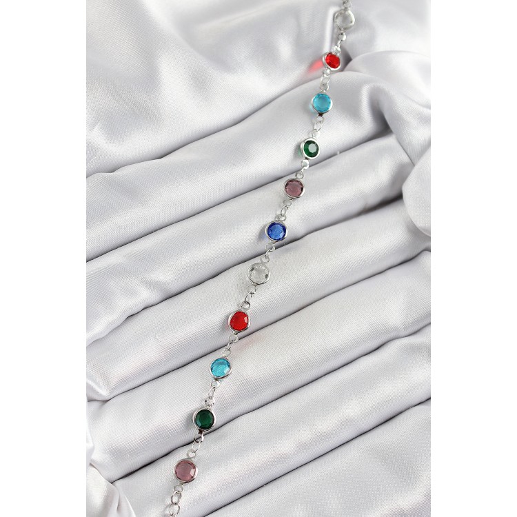 Pirinç Gümüş Renk Karışık Renk Zirkon Taşlı Kadın Bileklik