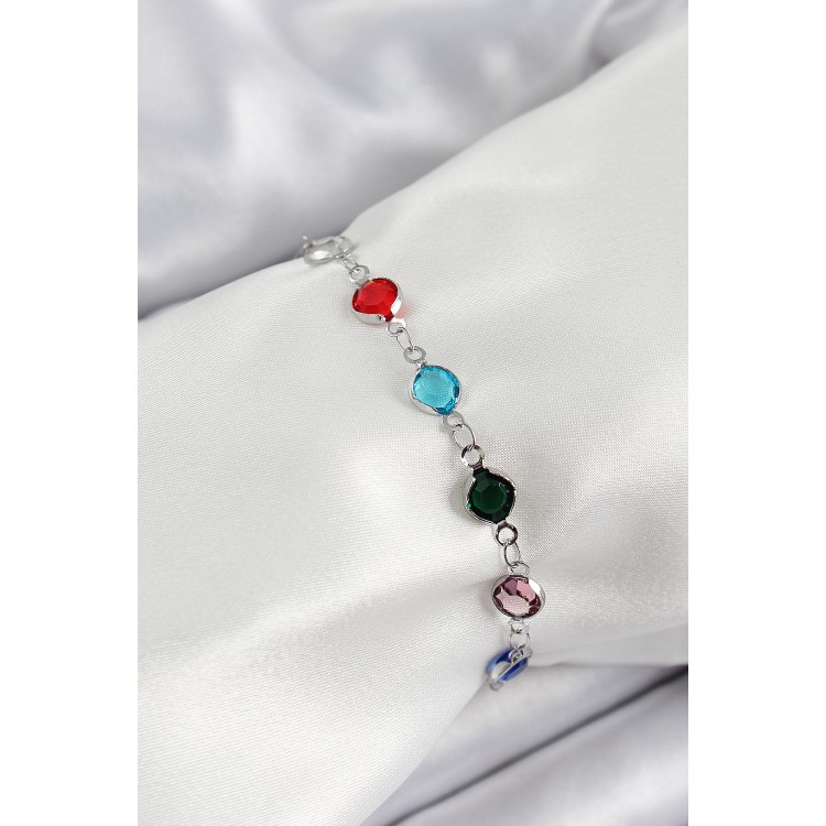 Pirinç Gümüş Renk Karışık Renk Zirkon Taşlı Kadın Bileklik