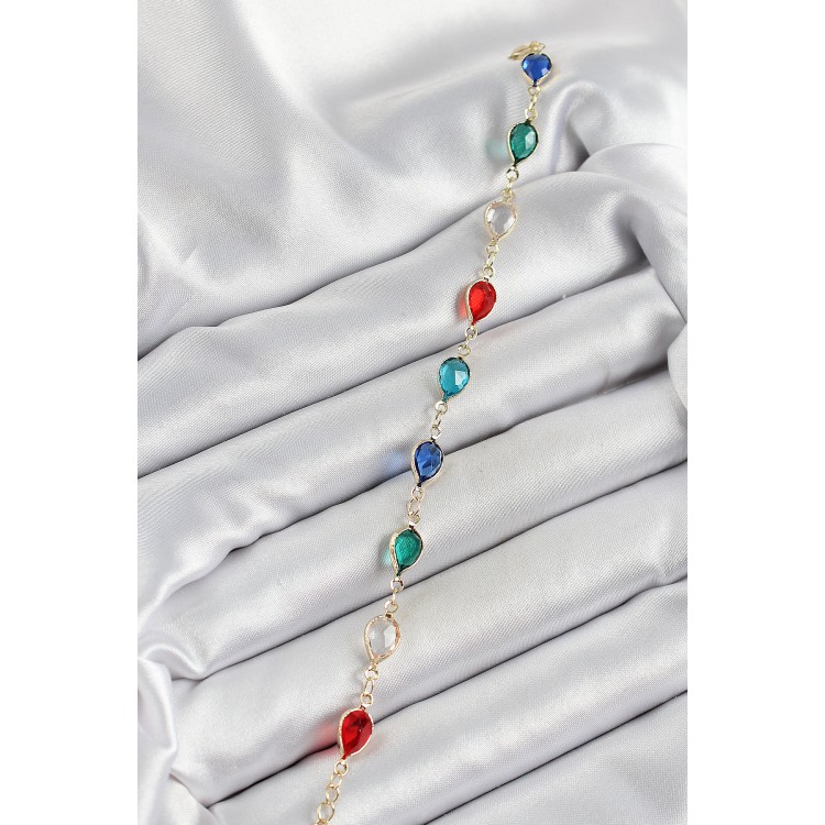 Pirinç Gold Renk Karışık Renk Damla Zirkon Taşlı Kadın Bileklik