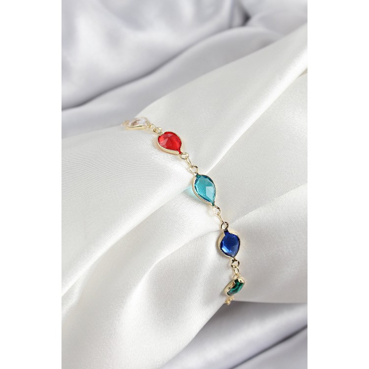 Pirinç Gold Renk Karışık Renk Damla Zirkon Taşlı Kadın Bileklik