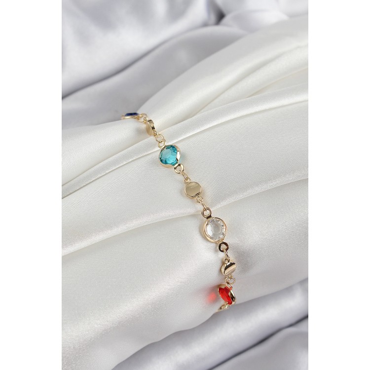 Pirinç Karışık Renk Zirkon Taşlı Gold Renk Kadın Bileklik