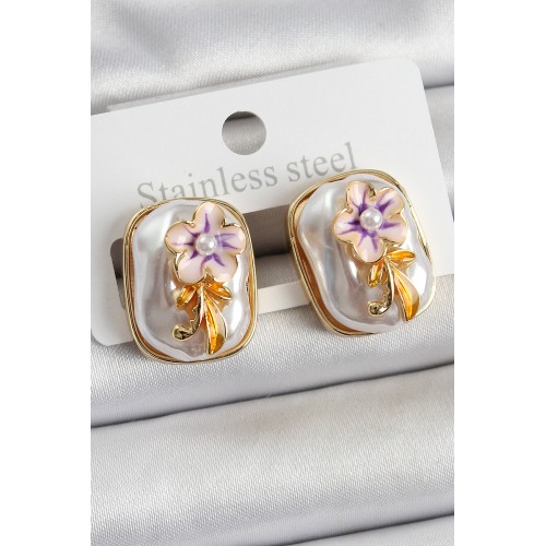 Pirinç Beyaz Mineli İnci Detaylı Çiçek Figürlü Sanatsal Portre Model Gold Renk Kadın Küpe