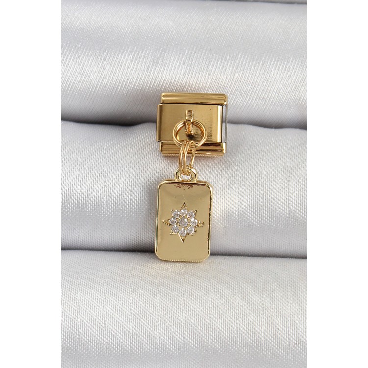 316L Çelik Sallantılı Zirkon Taşlı Kutup Yıldızı Figürlü Dikdörtgen Model Gold Renk Nomination Charm
