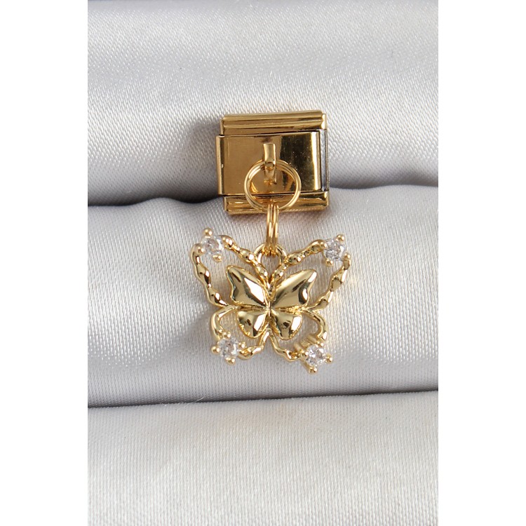 316L Çelik Sallantılı Zirkon Taşlı Kelebek Model Gold Renk Nomination Charm