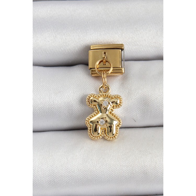 316L Çelik Sallantılı Zirkon Taşlı Ayıcık Model Gold Renk Nomination Charm