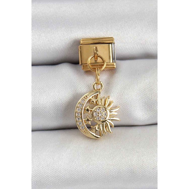 316L Çelik Sallantılı Zirkon Taşlı Ay Ve Güneş Model Gold Renk Nomination Charm