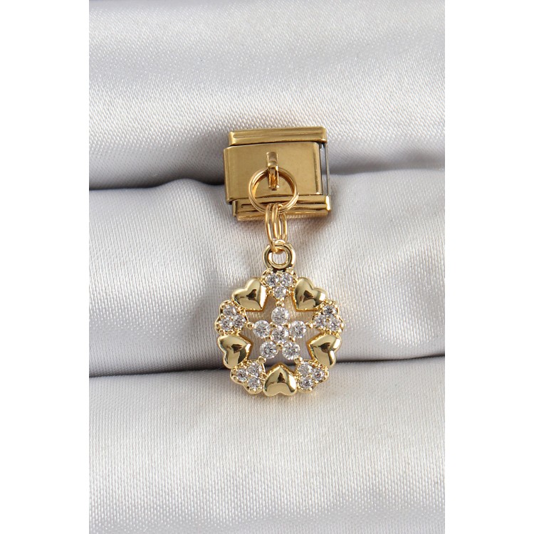 316L Çelik Sallantılı Zirkon Taşlı Kalp Detaylı Yıldz Model Gold Renk Nomination Charm
