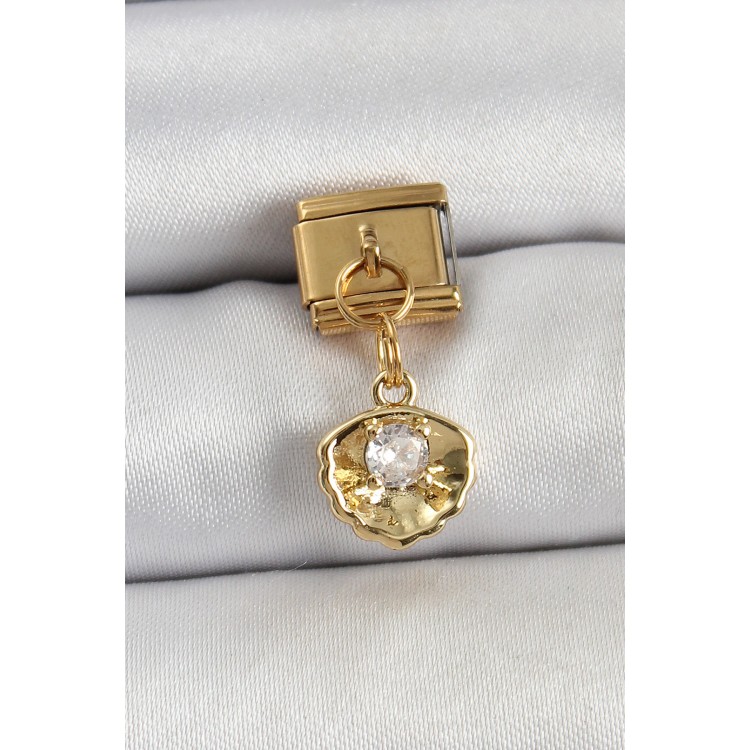 316L Çelik Sallantılı Zirkon Taşlı İstiridye Model Gold Renk Nomination Charm