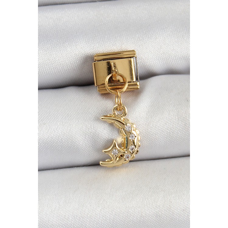 316L Çelik Sallantılı Zirkon Taşlı Ay Model Gold Renk Nomination Charm