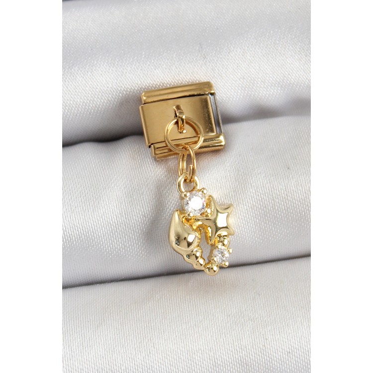 316L Çelik Sallantılı Zirkon Taşlı Deniz Kabuğu Ve Yıldız Model Gold Renk Nomination Charm