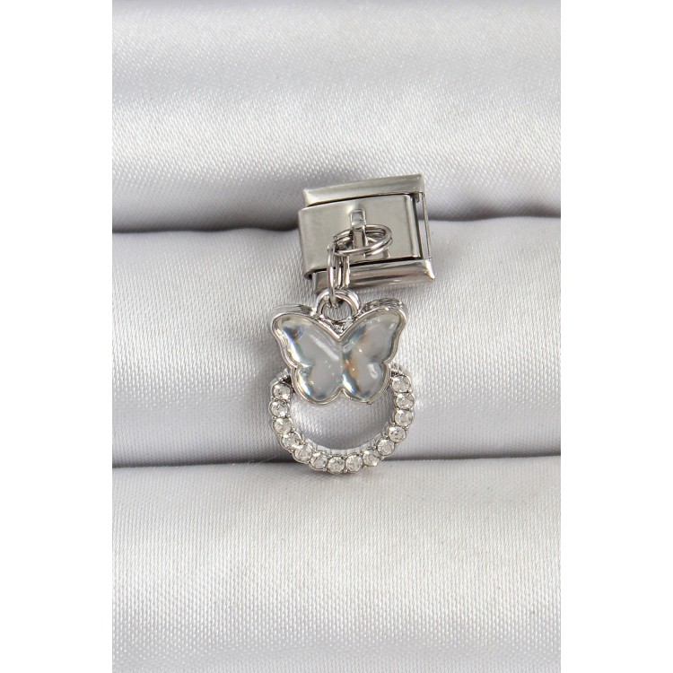 316L Çelik Gümüş Renk Taşlı Kelebek Model Nomination Charm