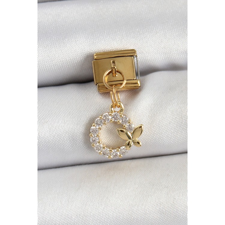 316L Çelik Sallantılı Zirkon Taşlı Kelebek Detaylı Halka Model Gold Renk Nomination Charm
